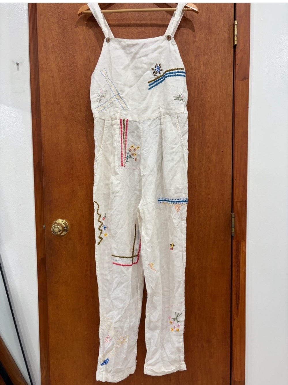 Anthropologie Embroidered Linen Cotton Jumpsuit in White Size Large